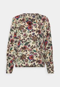 Langarm-Bluse mit floralen Mustern in Creme mit lebendigen lila, roten und grünen Akzenten. Mit V-Ausschnitt und gerafften Ärmelbündchen mit Knöpfen.