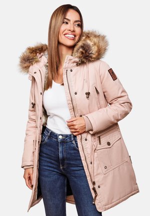 Hellrosa isolierte Parkajacke mit Kunstfellbesatz an der Kapuze, Reißverschluss und Druckknopfverschluss sowie mehreren Taschen. Verfügt über gerippte Bündchendetails.