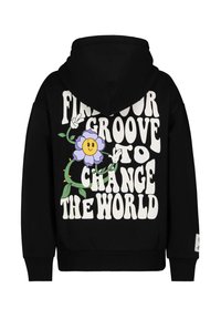Zwarte hoodie met kleurrijk grafisch ontwerp met de tekst "VIND JE GROOVE OM DE WERELD TE VERANDEREN," een lachende bloem en klimopaccenten.