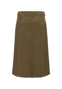 Khaki corduroy skirt with a straight cut, featuring a mid-rise waistband, two back pockets, and a textured ribbed pattern.