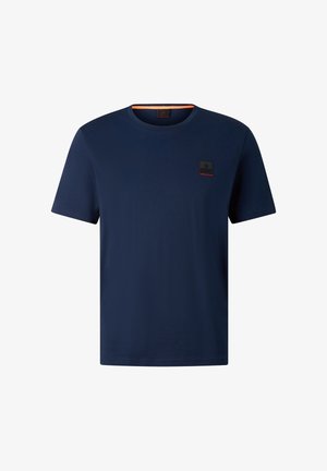 Marineblauw T-shirt met korte mouwen en een ronde hals, met een klein zwart-rood logo op de linkerborst.