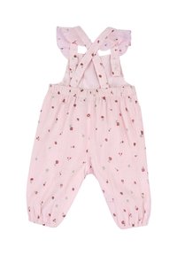 Romper floreale rosa con spalline arricciate, vita elastica e caviglie raccolte; presenta piccoli motivi di fiori rossi e verdi sul tessuto.