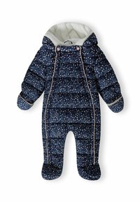 Combinaison de neige matelassée bleu marine avec un motif floral, doublure en polaire blanche, bordures contrastées et capuche attachée, dotée de fermetures à pression et de moufles.