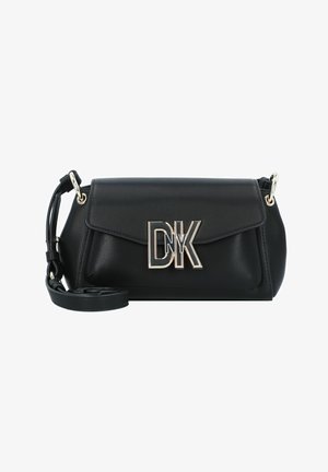 Black leather handbag with a flap closure, featuring a prominent gold "DK" logo and a detachable shoulder strap. Smooth texture, structured design.