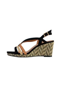 Black suede wedge sandal with a woven herringbone pattern sole, featuring tan and beige straps, adjustable ankle strap, and open toe design.