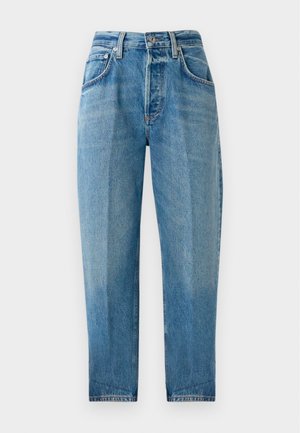 Light blue denim jeans, straight-leg cut, five-pocket design, faded wash, zip fly with button closure, and visible stitching detail.