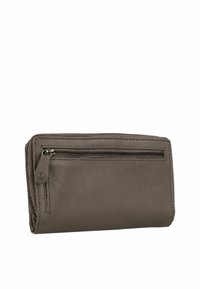 Grijze leren portemonnee met een getextureerd oppervlak, ritssluiting en een klein buitenzakje. Afgeronde hoeken en compact ontwerp.