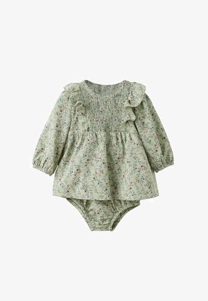 Tutina per neonati di colore verde chiaro con stampa floreale, corpetto arricciato, dettagli volant, maniche lunghe e aperture elastiche per le gambe.