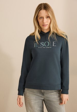 Dunkelblaues Sweatshirt mit Kapuze, mit dem Aufdruck "IL SOLE" in hellen Farben auf der Brust. Glattes Material, gerippte Bündchen und Saum.