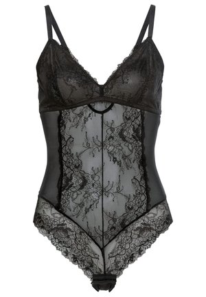 Bodysuit en dentelle noire avec des panneaux transparents, des bonnets en triangle, des bretelles ajustables, des motifs floraux, une taille marquée et une fermeture à pression au bas.
