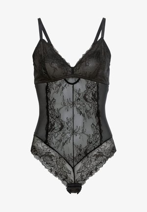 Bodysuit en dentelle noire avec des panneaux transparents, des bonnets en triangle, des bretelles ajustables, des motifs floraux, une taille marquée et une fermeture à pression au bas.