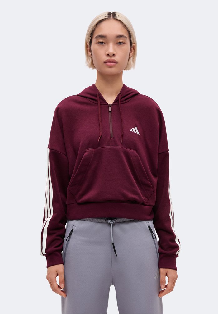 adidas ESSENTIALS 3 STRIPES QUARTER ZIP HOODIE - Hoodie - maroon/white