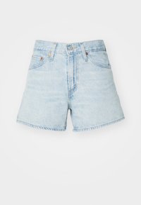 Vaaleansiniset farkkushortsit, joissa on korkea vyötärö, revitty helma ja viisi taskua. Edessä nappi- ja vetoketjusuljenta.