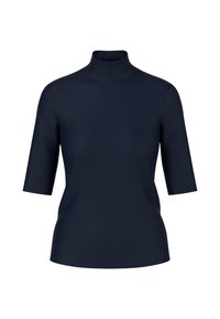 Navy turtleneck met korte mouwen, gemaakt van een gladde stof. Heeft een fitted ontwerp en minimalistische stijl, ideaal voor layering.