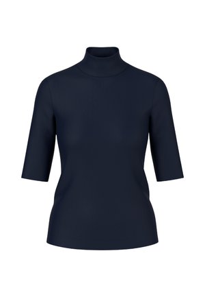Granatowy sweter z golfem i krótkim rękawem, wykonany z gładkiego materiału. Posiada dopasowany krój i minimalistyczny styl, idealny do warstwowego noszenia.