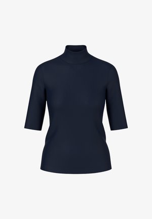 Navy turtleneck top with short sleeves, made of smooth fabric. Features a fitted design and minimalistic style, suitable for layering.
