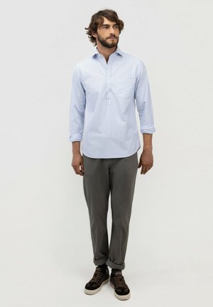 Hombre con cabello castaño ondulado y barba que lleva una camisa de botones de rayas azul claro con las mangas remangadas, pantalones grises y zapatillas negras.