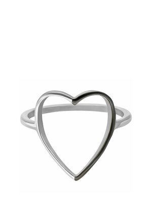 Silver ring with a thin band featuring an open, heart-shaped outline as the central design element.