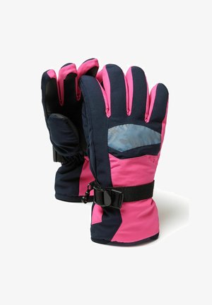 Guantes aislantes en azul marino y rosa con una palma texturizada, segmentos de dedos y correas ajustables en la muñeca para un ajuste seguro.
