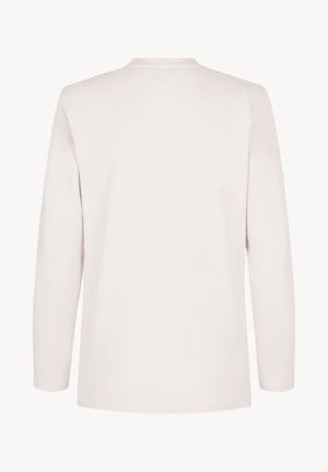 Biała, gładka koszulka z długim rękawem i okrągłym dekoltem, pokazana od tyłu na białym tle.