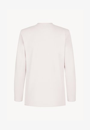 Biała, gładka koszulka z długim rękawem i okrągłym dekoltem, pokazana od tyłu na białym tle.