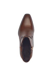 Bottines en cuir marron avec bout pointu, texture lisse, fermeture éclair sur le côté et détails de couture subtils le long des bords.