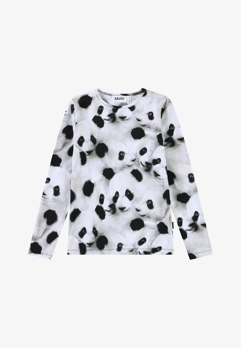 Camisa de mangas longas com estampado de panda em preto e branco, textura suave, gola redonda e etiqueta com o logótipo na parte inferior.