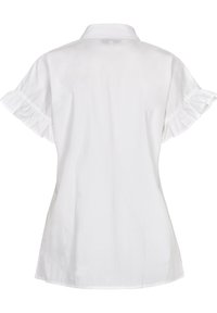 Vit kortärmad blus med krage och rynkade detaljer. Tillverkad av lättviktig tyg, med en följsam form och detalj vid bakseam.