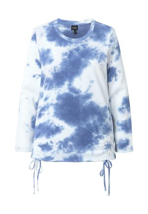 Blauwe en witte tie-dye lange mouwen shirt. Heeft een ronde halslijn, zij trekkoorden en een ontspannen pasvorm. Zachte stoftextuur.