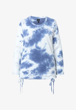 Blauwe en witte tie-dye lange mouwen shirt. Heeft een ronde halslijn, zij trekkoorden en een ontspannen pasvorm. Zachte stoftextuur.