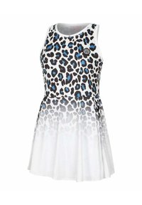 Vestido de estampado de leopardo con manchas azules y negras sobre un fondo blanco, que presenta un corpiño ajustado y una falda acampanada que se convierte en blanco sólido.