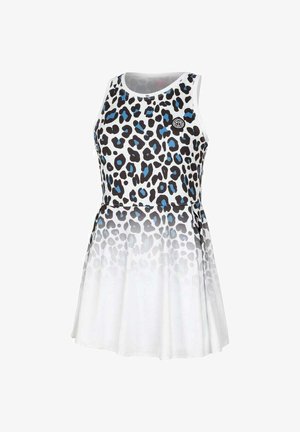 Vestido de estampado de leopardo con manchas azules y negras sobre un fondo blanco, que presenta un corpiño ajustado y una falda acampanada que se convierte en blanco sólido.