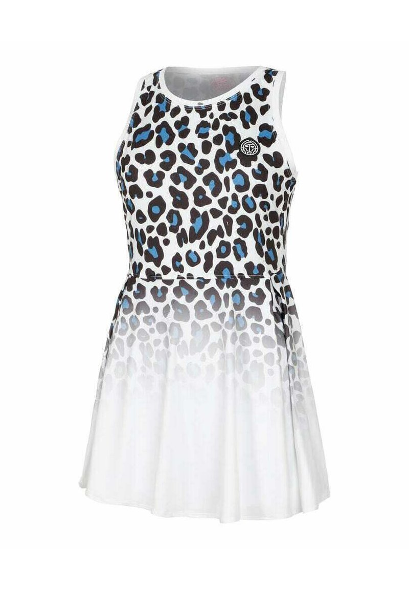 Luipaardprint jurk met blauwe en zwarte vlekken op een witte achtergrond, met een aansluitende bodice en een uitlopende rok die overgaat in effen wit.