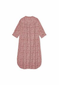 Abito lungo e fluido con motivo floreale in rosso e crema, maniche a tre quarti e orlo arrotondato per un aspetto rilassato.