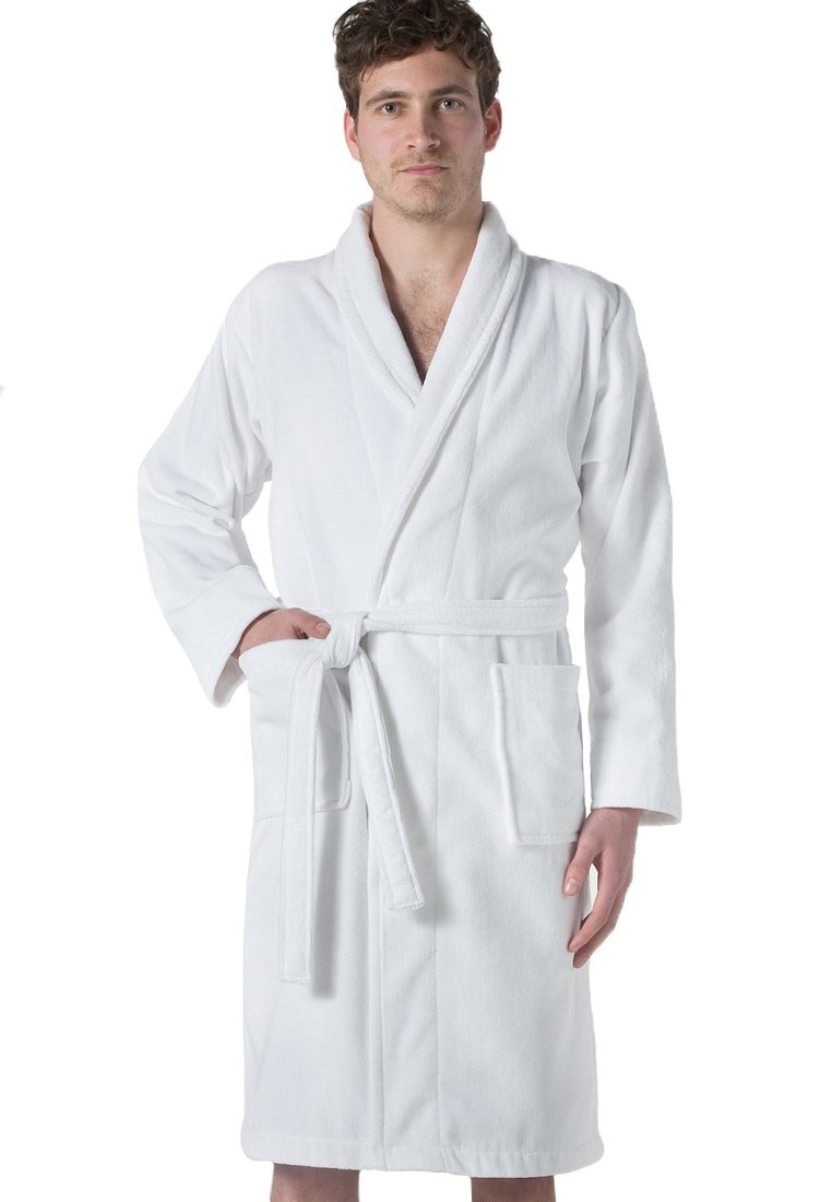 Accappatoio bianco in morbido panno di spugna, con maniche lunghe, colletto a scialle, cintura da annodare e due tasche frontali. Adatto per l'abbigliamento da casa maschile.