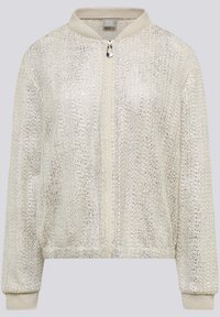 Helle beigefarbene Bomberjacke mit einer metallischen, reflektierenden Textur, ausgestattet mit einem Reißverschluss vorne, geripptem Kragen und Bündchen.