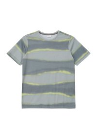 Pilkas trumpomis rankovėmis T-shirts su horizontaliomis geltonomis ir tamsesniais pilkais dryžiais. Funkcija - apvalus kaklas ir minkšta, lengva medžiaga.