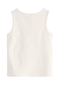 Cremefarvet tanktop lavet af ribbet stof. Har en rund halsudskæring og ærmeløst design med lige skæring. Ingen mønstre eller detaljer.