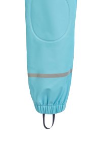 Modrá voděodolná návlek na nohu s elastickým poutkem, reflexním šedým pruhem a detaily kruhového otvoru. Hladký povrch, navržený pro ochranu.