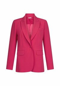 Jasnoróżowa, dopasowana marynarka z długimi rękawami, zapięciem na pojedynczy guzik, klapami z wycięciami i trzema przednimi kieszeniami.