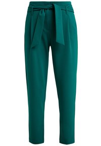 Zielone, dopasowane spodnie z tkaninowym paskiem, z wysokim stanem, bocznymi kieszeniami i slim fit, wykonane z gładkiego, lekkiego materiału.