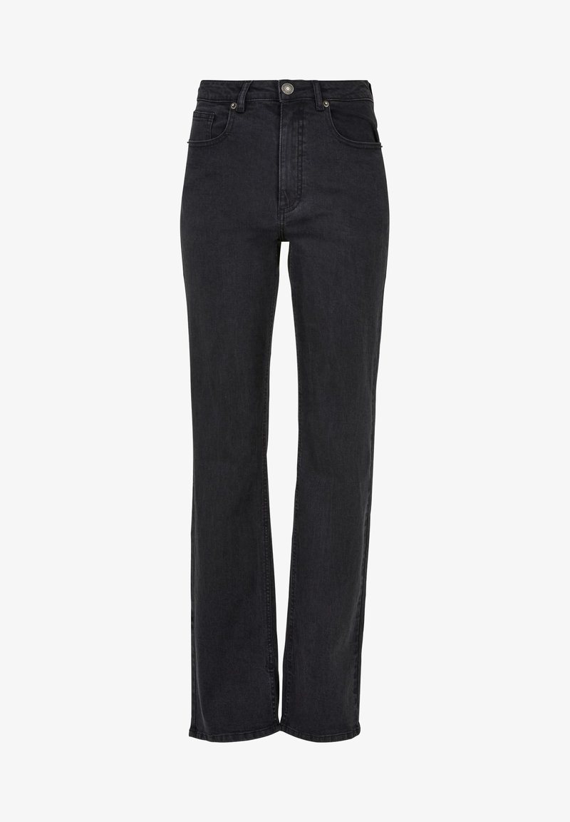 Pantalones vaqueros negros de cintura alta con un diseño de pierna recta, que cuentan con un clásico estilo de cinco bolsillos y un cierre de botón metálico. Textura de mezclilla suave.