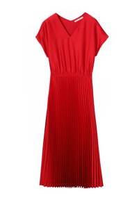 Červené plisované šaty s výstrihom do V a krátkymi rukávmi. Vyrobené z hladkej látky, obsahujú elastický pás pre pohodlné nosenie.