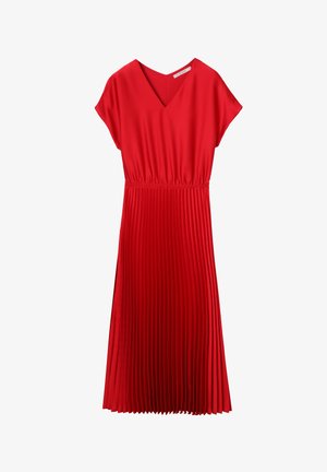 Piros, redőzött ruha V kivágással és rövid ujjakkal. Simel szövetből készült, rugalmas derékkal a kényelmes illeszkedésért.