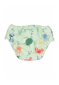 Återanvändbar simblöja i ljusgrön tyg, med färgglada havsdjur som sköldpaddor, bläckfiskar och krabbor i ett lekfullt mönster.