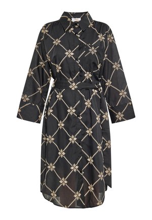 Black shirt dress with a collar, long sleeves, and a tie waist, featuring a geometric beige pattern on the fabric.