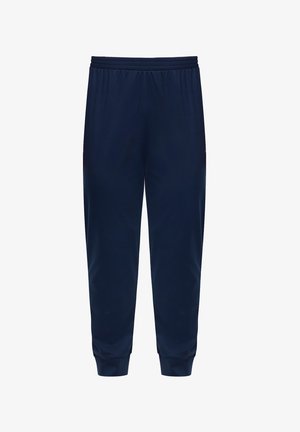 Navy blue athletic pants with an elastic waistband and tapered leg openings, made from smooth, lightweight fabric. No visible patterns or accents.