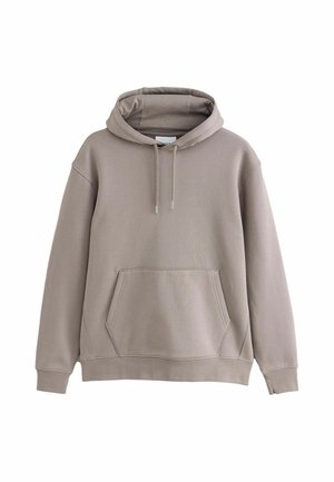 Schlichtes beiges Hoodie mit Kängurutasche vorne, Kordelzugkapuze und gerippten Bündchen und Saum, auf weißem Hintergrund gezeigt.