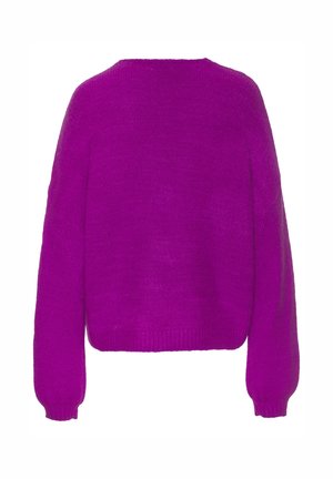 Fuchsia gestrickter Pullover mit lockerem Sitz, rundem Ausschnitt und Ballonärmeln. Weiche Textur und gerippter Saum am unteren Rand.