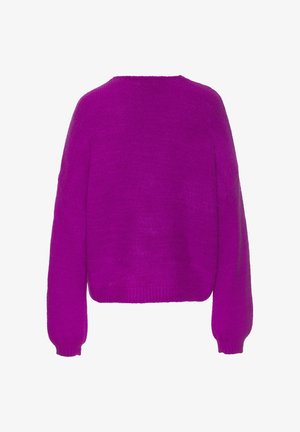 Fuchsia gestrickter Pullover mit lockerem Sitz, rundem Ausschnitt und Ballonärmeln. Weiche Textur und gerippter Saum am unteren Rand.